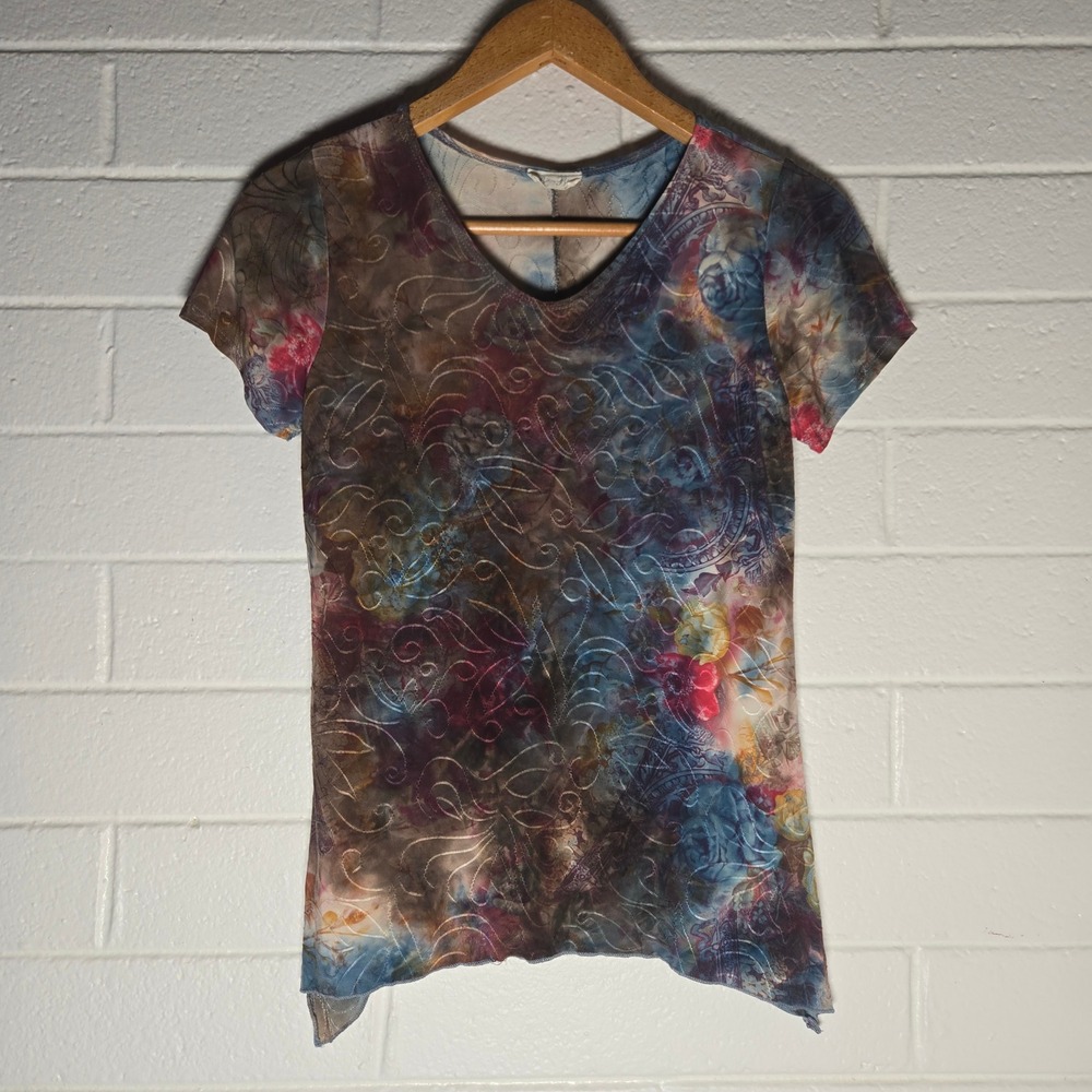 Brittany Black Womens Top Multicolor Floral Embroidered Medium Artsy Sharkbite